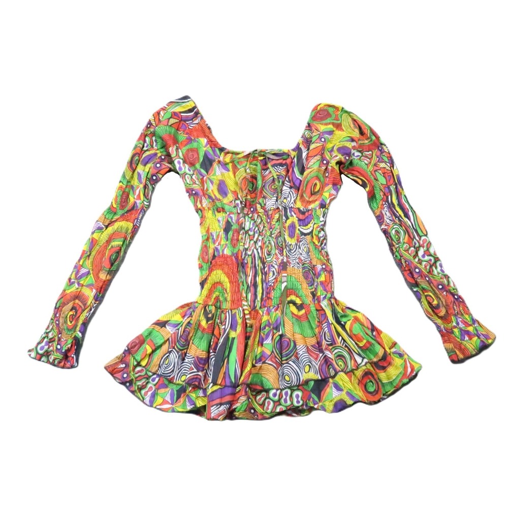 Psychedelic Festival Top S/M Colorful Smocked 100% Cotton Ruffle 70s Boho Hippie